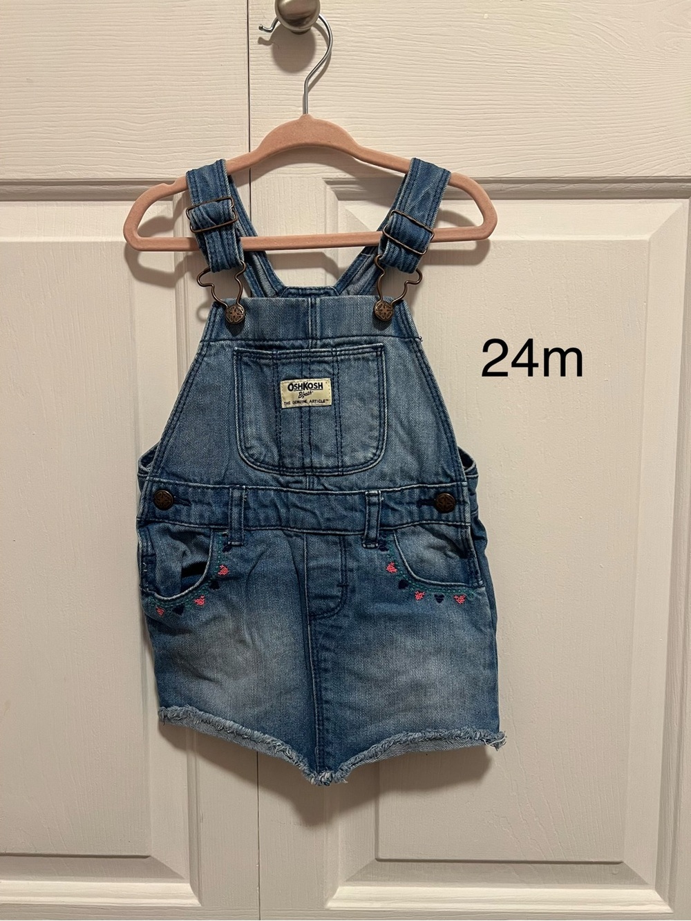 OshKosh B'gosh Light Blue Denim Short Overalls with Heart Embroidery